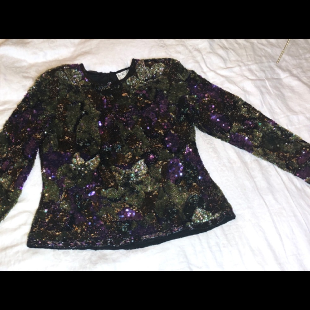 Oleg Cassini BLACKTIE vtg Sz Large Silk beaded Top